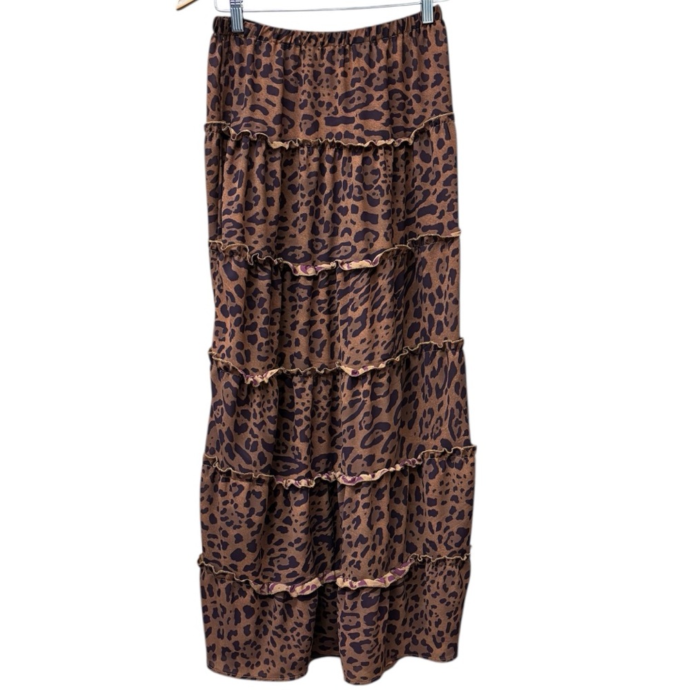 Tiered leopard print sheer maxi skirt, size xs